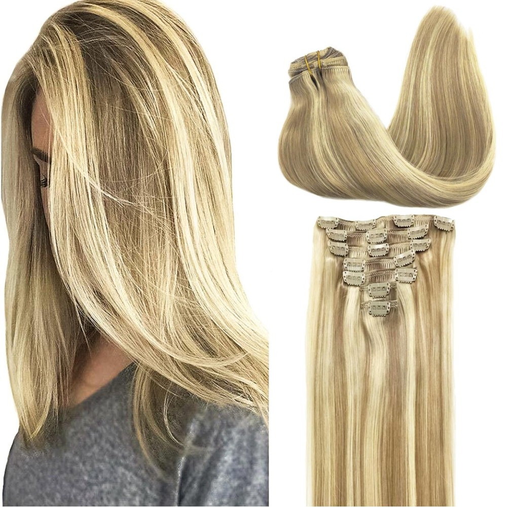 GOO GOO Clip in Hair Extensions Real Human Hair, Remy Human Hair Extensions Clip ins for Women, Natural Human Hair, 16inch 120g 7Pcs, 16/22 Light Blonde Highlighted Golden Blonde
