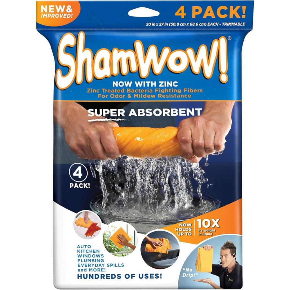 ShamWow Original Super Absorbent Multi-Purpose Cleaning Shammy Chamois Towel Cloth - Holds 10X its Weight in Liquid - Machine Washable - Will Not Scratch (2 Pack, Orange)