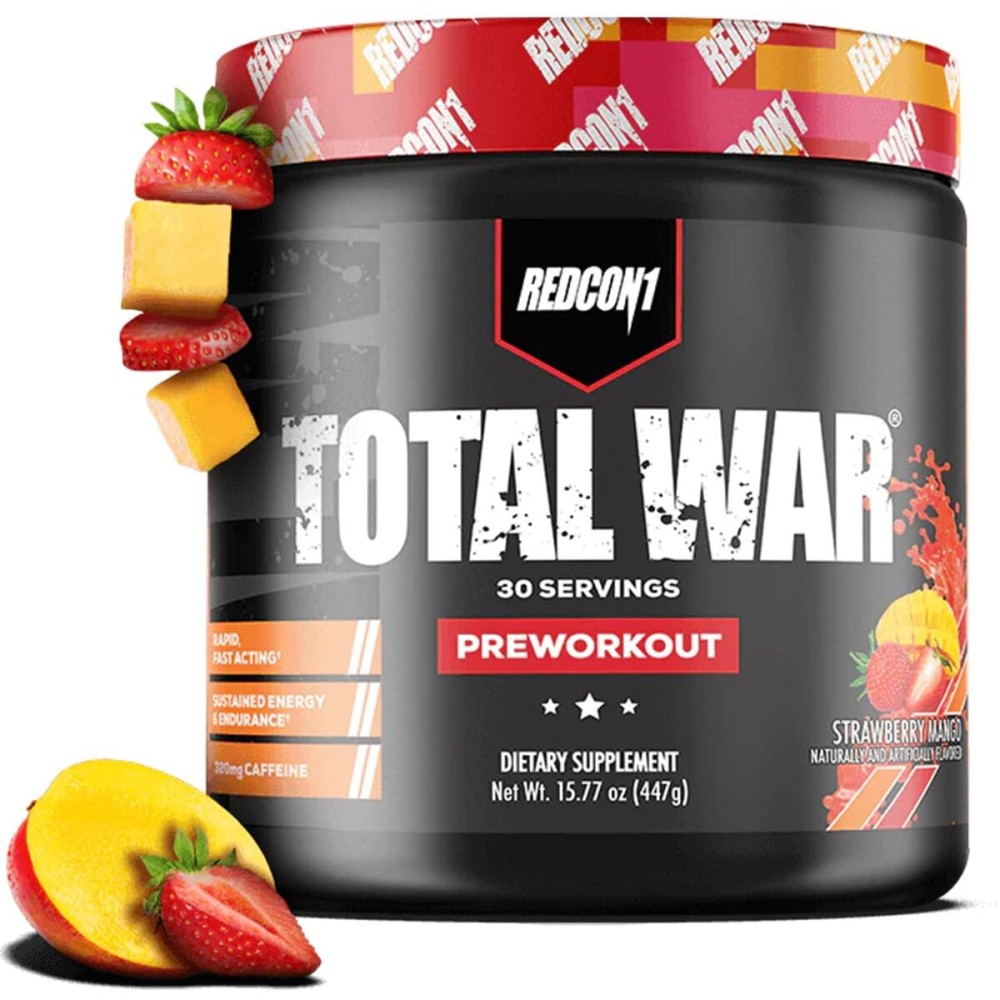 REDCON1 Total War Pre Workout, Strawberry Mango - L Citrulline, Malic Acid, Green Tea Leaf Extract for Pump Boosting Pre Workout for Women & Men - 3.2g Beta Alanine to Reduce Exhaustion, 30 Servings