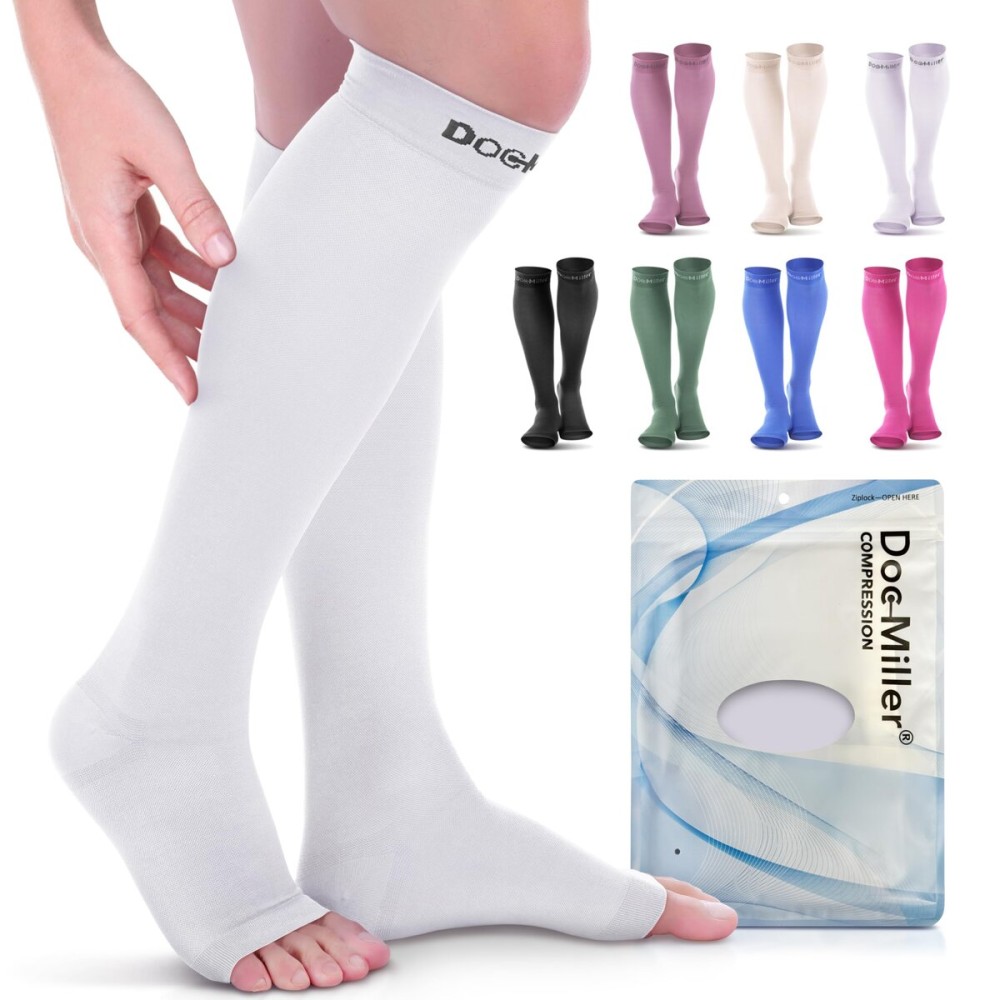Doc Miller Open Toe Compression Socks, 20-30 mmHg, Toeless Compression Sleeves for Legs, Knee High Stockings for Shin Splints, Varicose Veins, Travel, Calf Support & Muscle Recovery, Men & Women, Pair