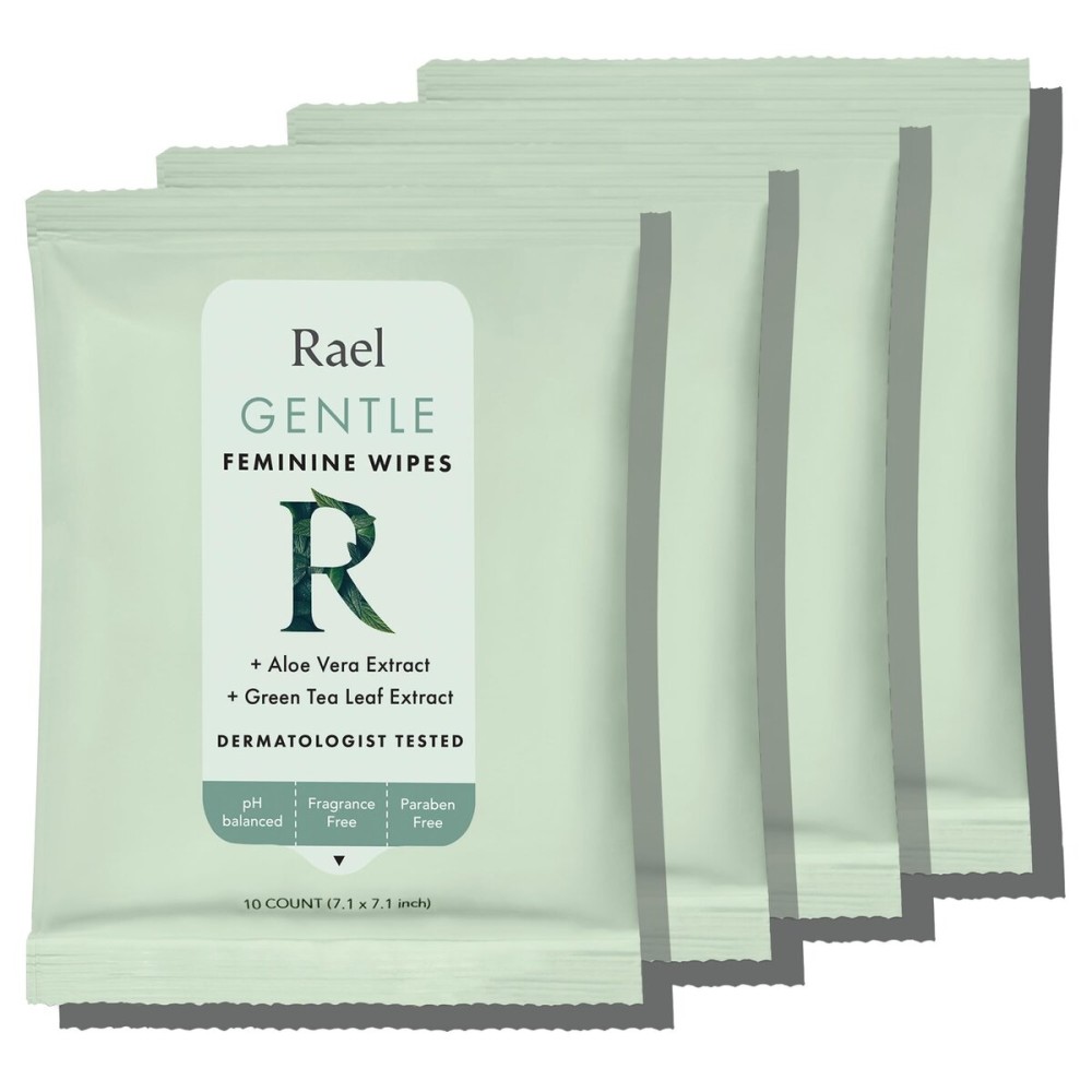 Rael Feminine Wipes, Flushable, Travel Size, All Skin Types, Daily Use (10 Count, Pack of 4)