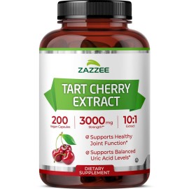 Zazzee Tart Cherry 10:1 Extract, 3000 mg Strength, 200 Vegan Capsules, 6+ Month Supply, Certified Kosher, Concentrated and Standardized 10X Extract, 100% Vegetarian, All-Natural, Gluten Free, Non-GMO