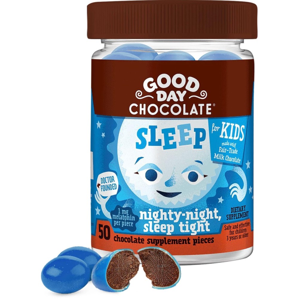 Good Day Chocolate Melatonin for Kids [50 Count] - Fair Trade Non-GMO Chocolate with Chamomile and Melatonin 1 mg - Toddler Melatonin, Kids Natural Sleep Aid for Ages 3 and Up