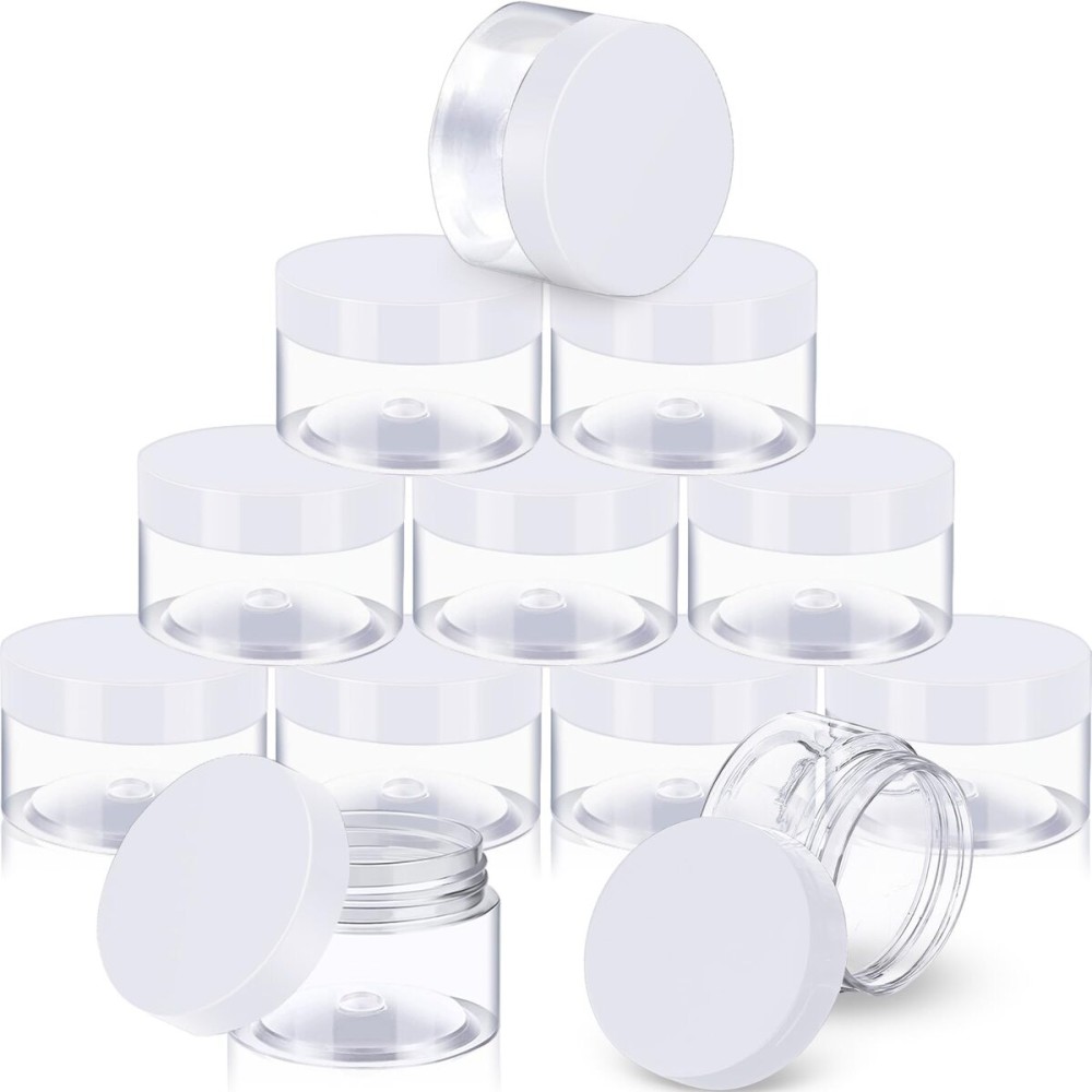 12 Pack Small Plastic Containers with Lids Clear Plastic Favor Storage Jars Wide Mouth for Beauty Products (2 Ounce, White)