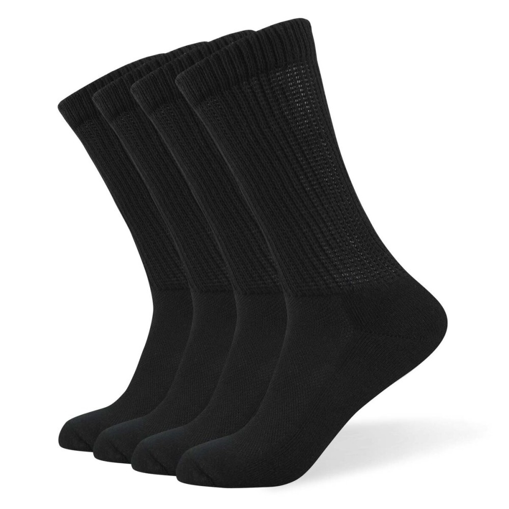 Well Knitting Diabetic Socks for Men & Women, Coolmax Medical Circulation Crew Mid Calf Socks with Seamless Toe, Non-Binding Top, and Padded Sole, 4 Pairs (Blcak,XL)