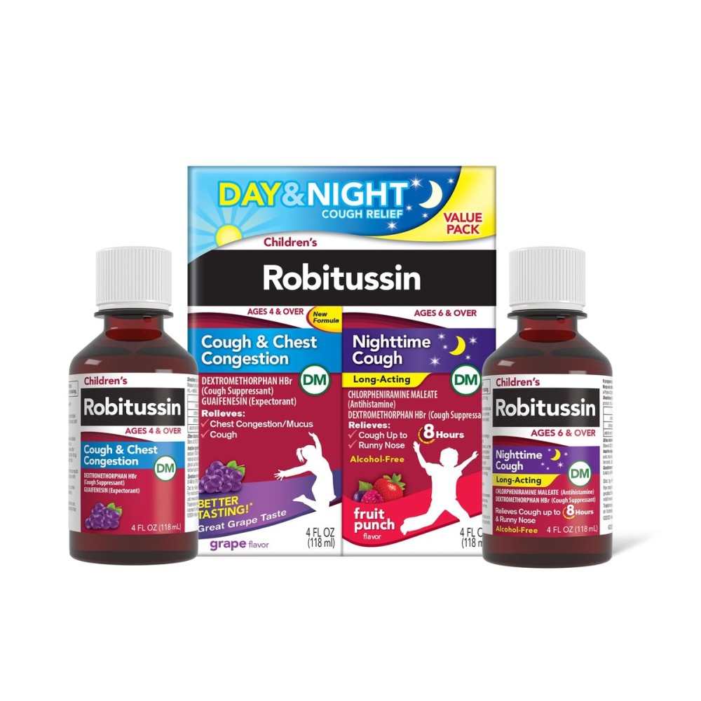 Children\'s Robitussin DM Day and Night Cough Relief Value Pack, Cough Medicine, Grape/Fruit Punch Flavor - 4 Fl Oz x 2
