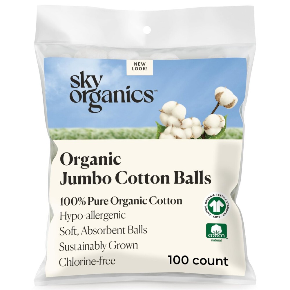 Sky Organics Organic Jumbo Cotton Balls for Sensitive Skin, 100% Pure Organic Cotton Sustainably Grown, Chlorine Free, Hypoallergenic, Ultra-Soft and Absorbent for Beauty,Personal Care, 100 ct w Ebook