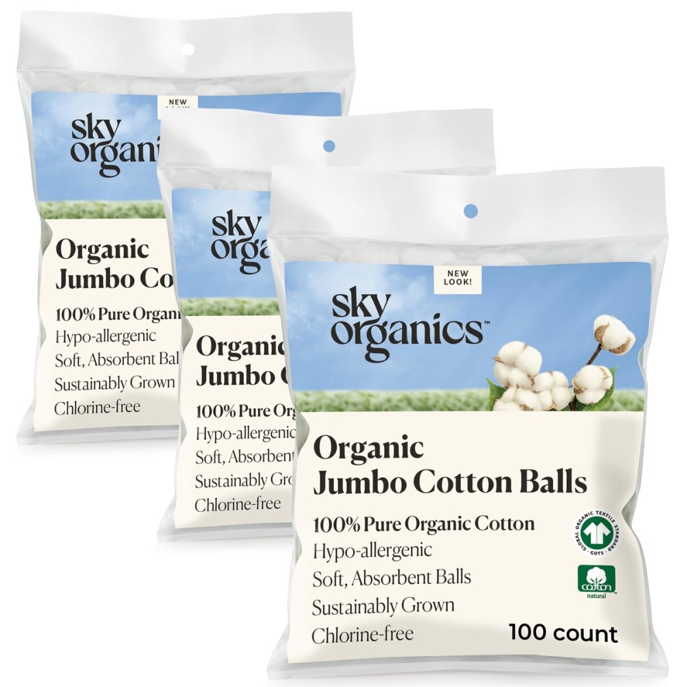 Sky Organics Organic Jumbo Cotton Balls for Sensitive Skin, 100% Pure Organic Cotton Sustainably Grown, Chlorine Free, Hypoallergenic, Ultra-Soft and Absorbant for Beauty&Personal Care, 300 ct