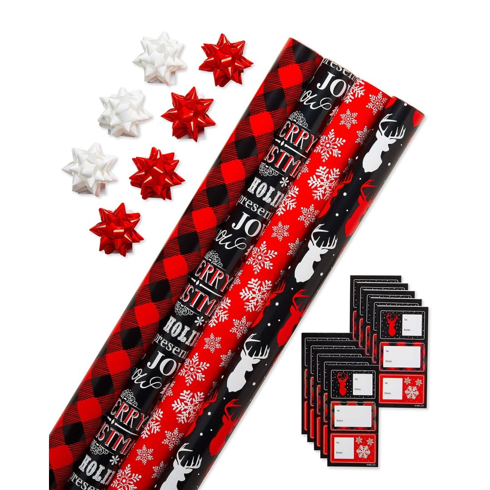 American Greetings Christmas Wrapping Paper, Red and Black Buffalo Plaid Holiday Gift Wrap Set (120 sq.ft., 4 rolls-30 in. x 12 ft., 7 Adhesive Bows, 30 Gift Tag Stickers) Rustic, Snowflakes, Reindeer
