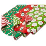 American Greetings Reversible Kids Christmas Wrapping Paper Rolls, Santa, Snowmen, Candy Canes, Red and Green Holiday Gift Wrap (120 sq. ft., 3 Wide Rolls-30 in. x 12 ft.) Stripes, Dots, Snowflakes