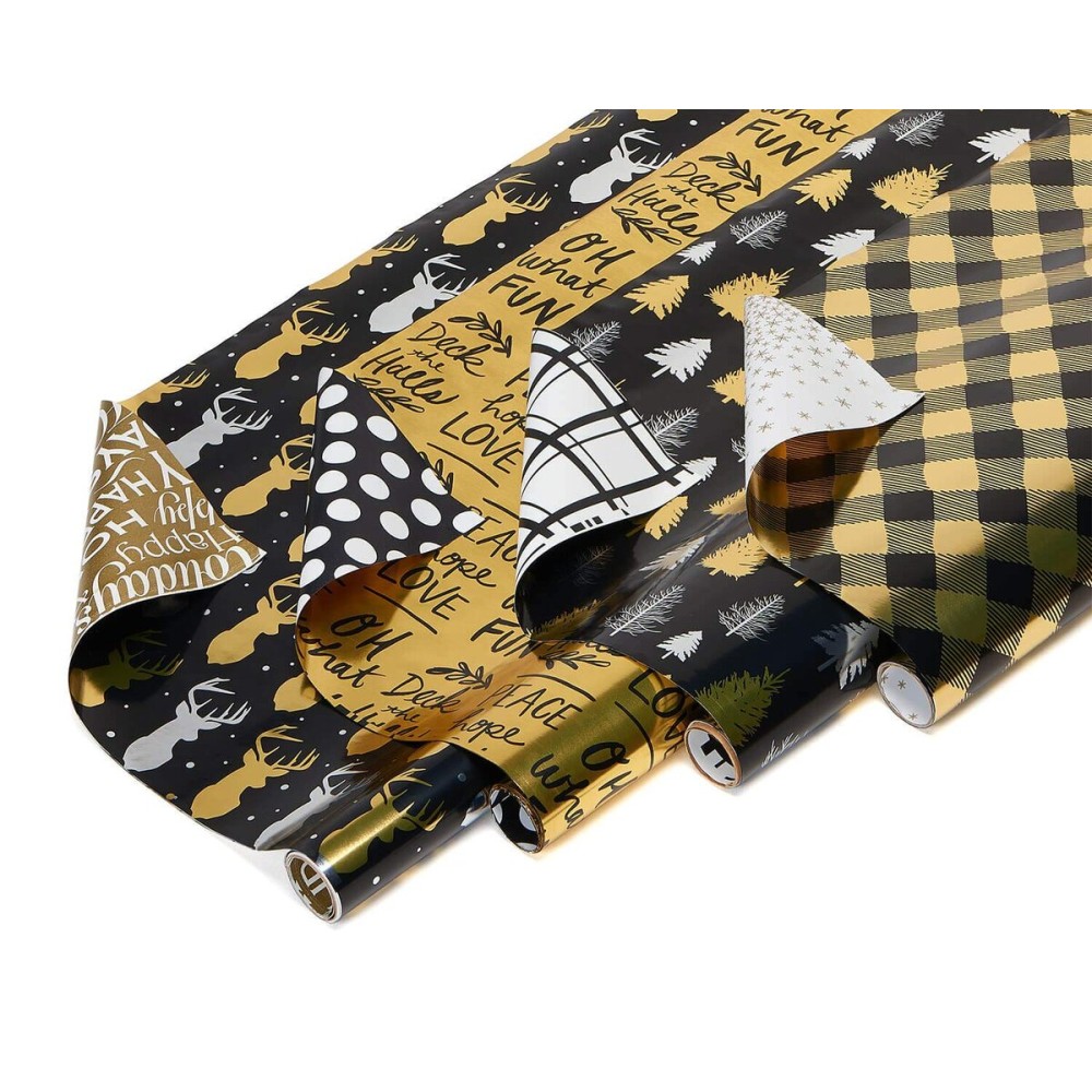 American Greetings Foil Christmas Wrapping Paper Rolls, Metallic Yellow Gold and Black Holiday Gift Wrap (80 sq. ft., 4 Rolls-30 in. x 8 ft., Reversible) Reindeer, Plaid, Deck the Halls, Trees