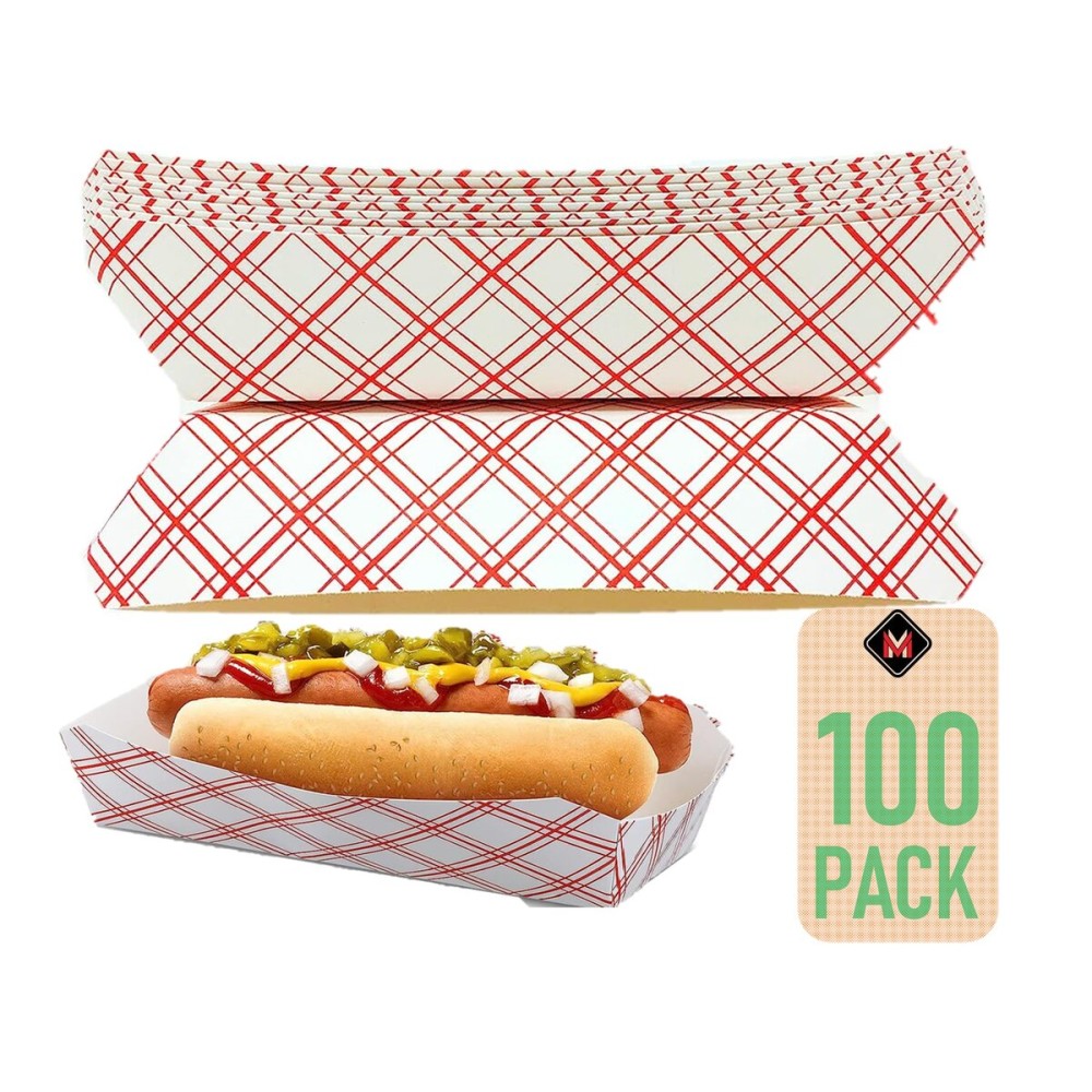 Mr Miracle 7 Inch Paper Hot Dog Tray in Red White Pattern. Pack of 100. Disposable, Recyclable and Fully Biodegradable. Made in USA
