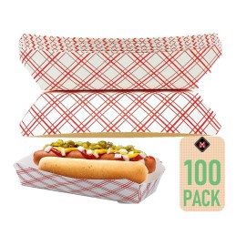 Mr Miracle 7 Inch Paper Hot Dog Tray in Red White Pattern. Pack of 100. Disposable, Recyclable and Fully Biodegradable. Made in USA