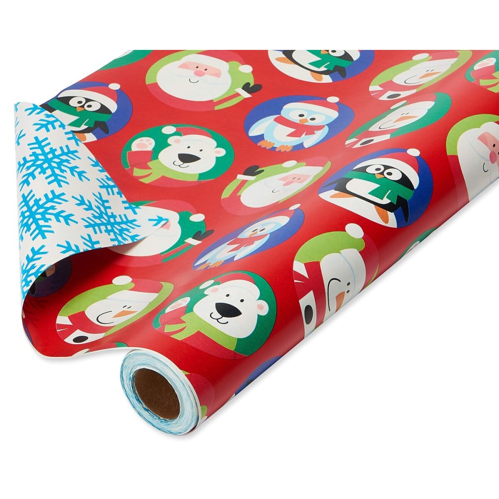 American Greetings Jumbo Kids Christmas Reversible Wrapping Paper Roll, Red and Blue Holiday Gift Wrap (175 sq. ft., 1 Extra Large Roll-30 in. x 70 ft.) Penguins, Polar Bears, Santa, Snowflakes