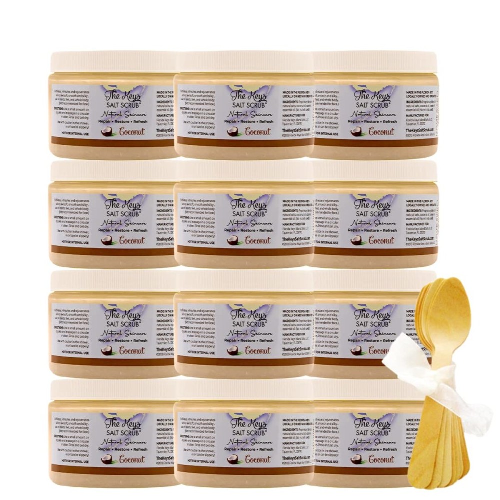 The Keys Salt Scrub -Sea Salt Scrub - Exfoliating Body Scrub with Wooden Spoon - Moisturizing Exfoliator for Hands, Foot, Bath, (12 Ounce (Pack of 12), Coconut)