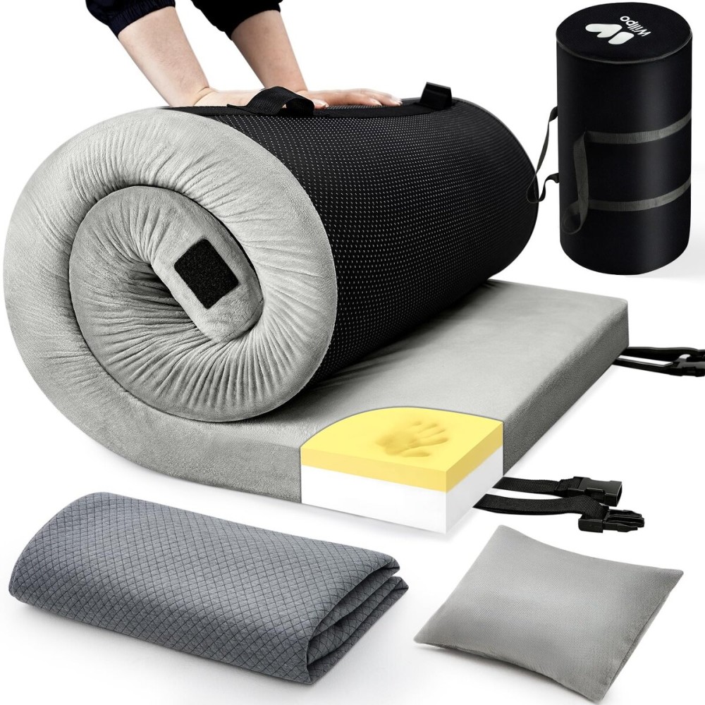Willpo CertiPUR-US Memory Foam Camping Mattress - Dual Interchangeable Washable Covers Included, Lightweight Portable Sleeping Pad with Travel Bag for Tents, Guest Beds, Home - Gray, Single