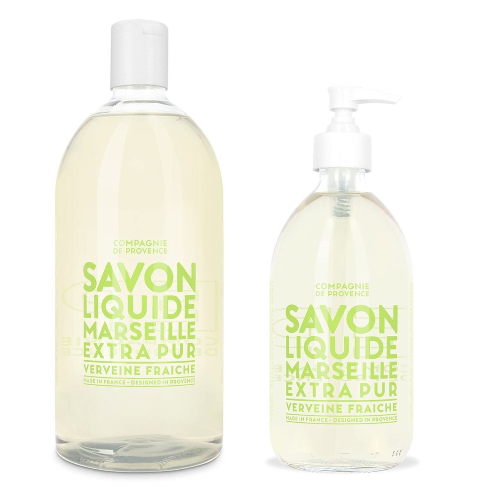 Compagnie de Provence Savon de Marseille Extra Pure Liquid Soap - Fresh Verbena - 16.7 Fl Oz Glass Pump Bottle and 33.8 fl oz Plastic Bottle Refill