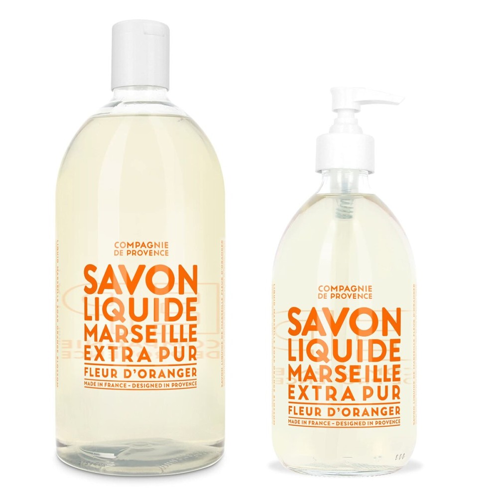 Compagnie de Provence Savon de Marseille Extra Pure Liquid Soap - Orange Blossom - 16.7 Fl Oz Glass Pump Bottle and 33.8 fl oz Plastic Bottle Refill