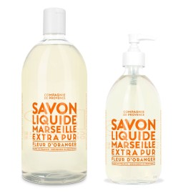 Compagnie de Provence Savon de Marseille Extra Pure Liquid Soap - Orange Blossom - 16.7 Fl Oz Glass Pump Bottle and 33.8 fl oz Plastic Bottle Refill