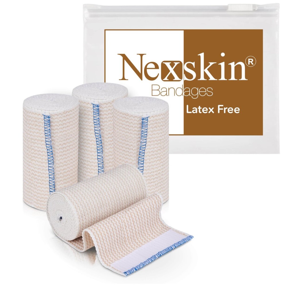 Premium Elastic Bandage Wrap (4 Wide, 4 Pack) - Nexskin Latex Free Athletic/Medical Compression Bandages Hook & Loop Fasteners at Both Ends - Lifetime Washable & Reusable Bandages