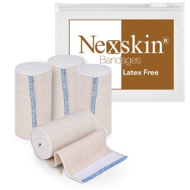 Premium Elastic Bandage Wrap (4 Wide, 4 Pack) - Nexskin Latex Free Athletic/Medical Compression Bandages Hook & Loop Fasteners at Both Ends - Lifetime Washable & Reusable Bandages
