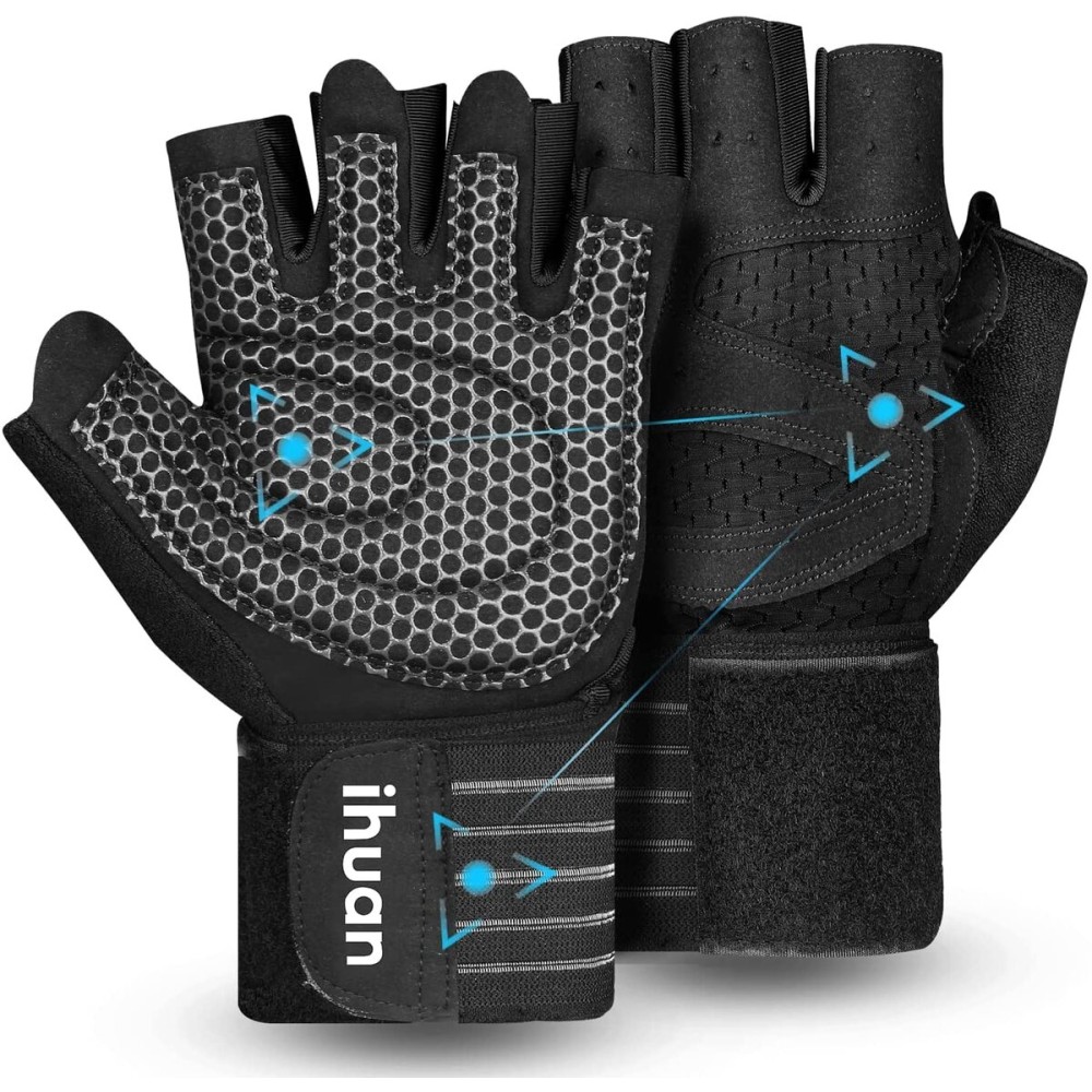 ihuan Ventilated Weight Lifting Gym Workout Gloves with Wrist Wrap Support for Men & Women, Full Palm Protection, for Weightlifting, Training, Fitness, Hanging, Pull ups