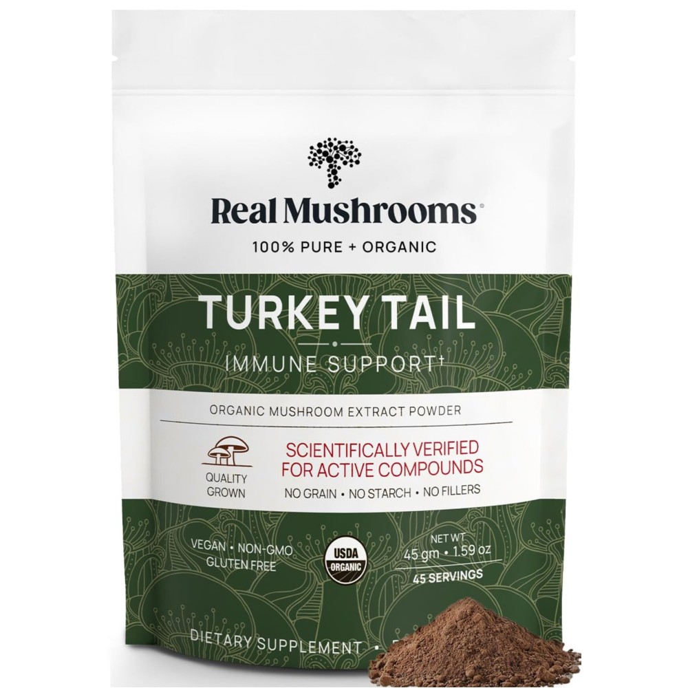 Real Mushrooms Turkey Tail Mushroom Powder - Organic Mushroom Extract for Daily Wellness Gut Harmony, & Energy Support with Beta Glucans - Vegan, Non-GMO, 45 Servings Functional Supplement