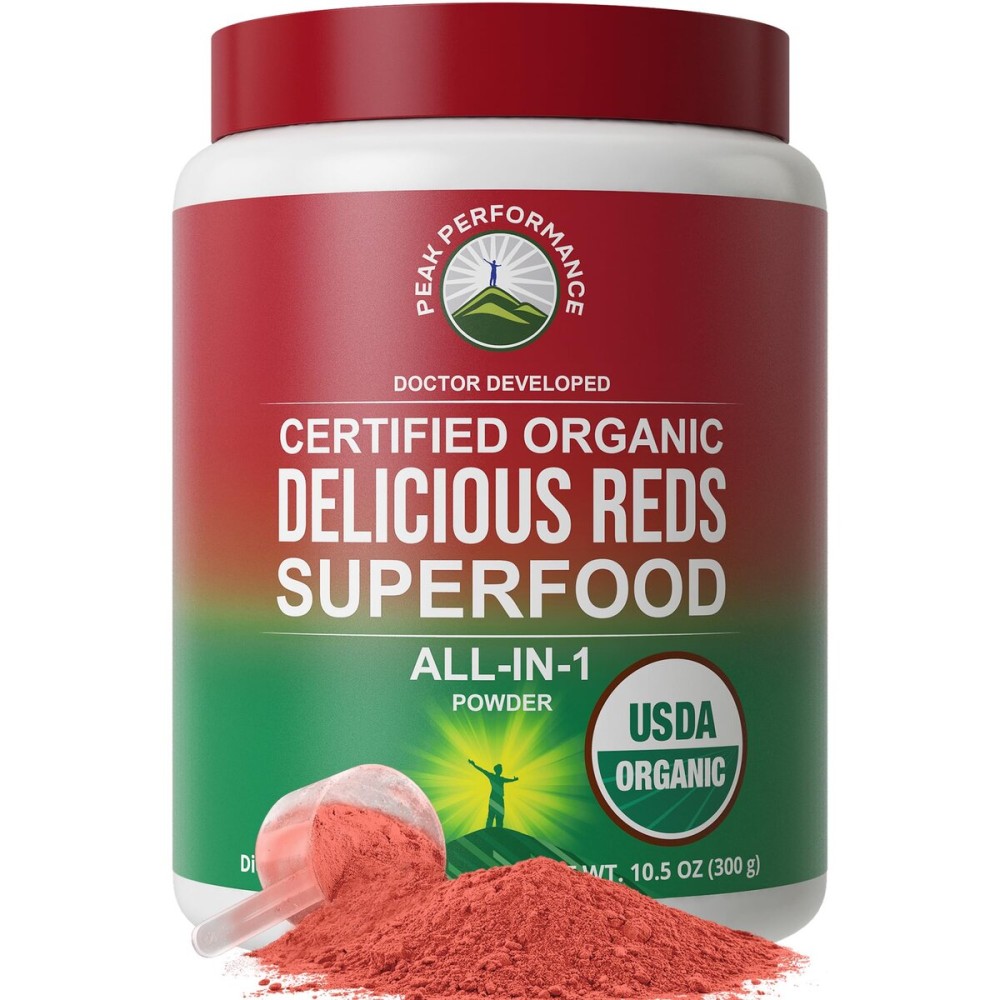 Peak Performance Organic Reds Superfood Powder, Best Tasting Organic Red Juice Super Food w/ 25+ All Natural Ingredients & Polyphenols, Vital for Max Energy and Detox. Raspberry, Elderberry, Beetroot
