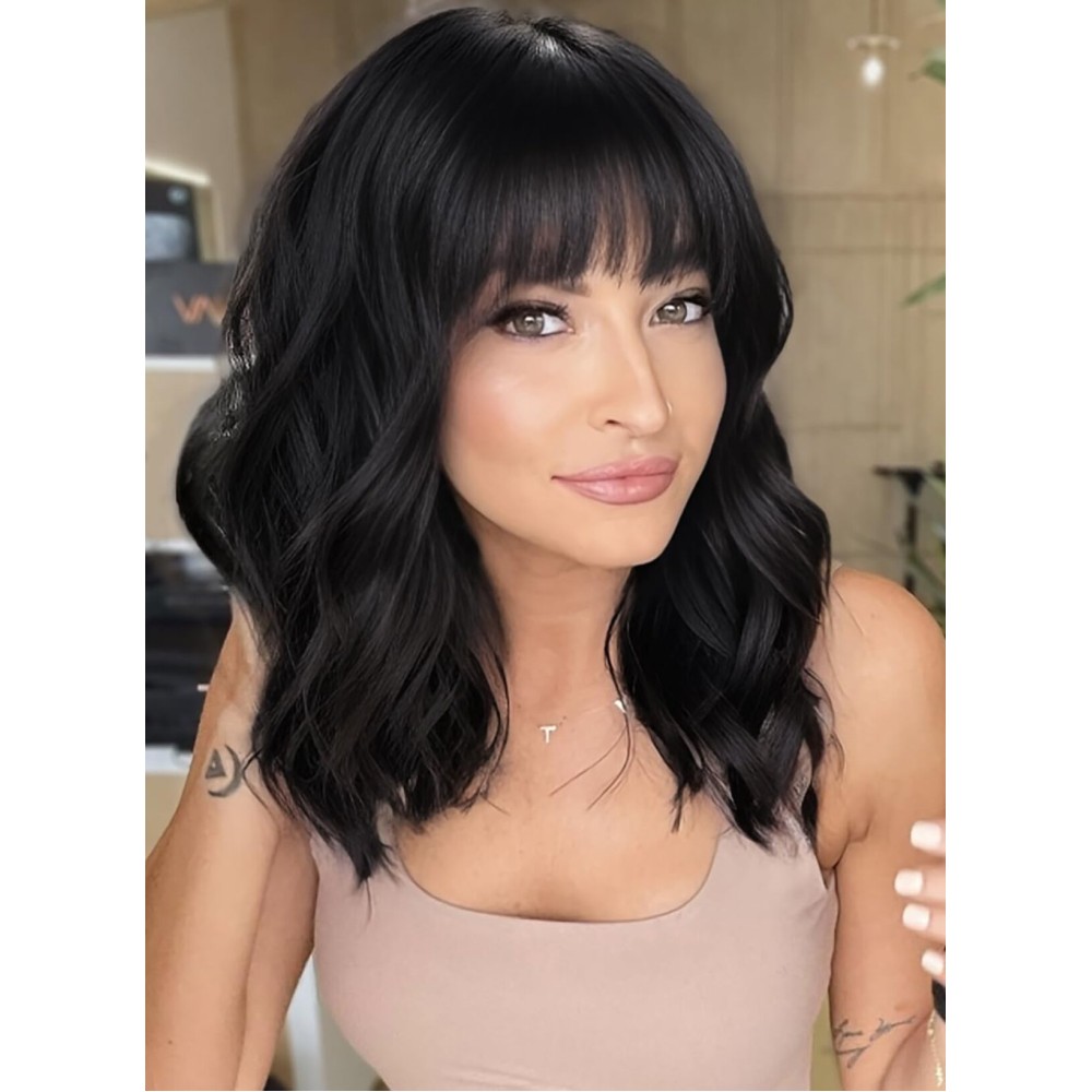 AISI HAIR Bob Curly Wig Synthetic Short Black Wig with Bangs Natural Looking Heat Resistant Fiber Hair for Women