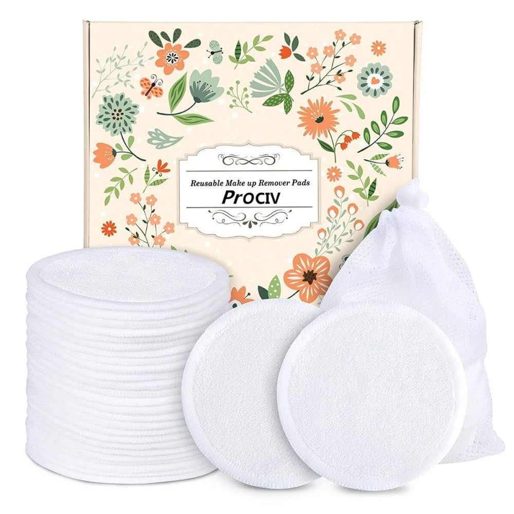 ProCIV Reusable Makeup Remover Pads - 16 Packs Washable Organic Reusable Cotton Rounds for All Skin Types & Toner with Laundry Bag, Zero Waste Reusable Cotton Pads for Face for Woman Gift (White)