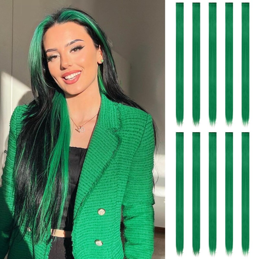 FESHFEN Colored Clip in Hair Extensions - 10 PCS Green Highlighted Hair Piece Straight Synthetic Clip in Hairpieces for Women 22 inch