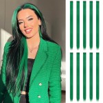 FESHFEN Colored Clip in Hair Extensions - 10 PCS Green Highlighted Hair Piece Straight Synthetic Clip in Hairpieces for Women 22 inch