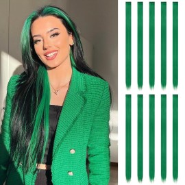 FESHFEN Colored Clip in Hair Extensions - 10 PCS Green Highlighted Hair Piece Straight Synthetic Clip in Hairpieces for Women 22 inch