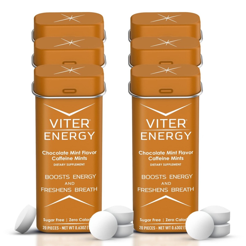 Viter Energy Caffeinated Mints 40mg Caffeine, B Vitamins, Sugar Free. (Chocolate Mint, 20pcs, 6 Pack)