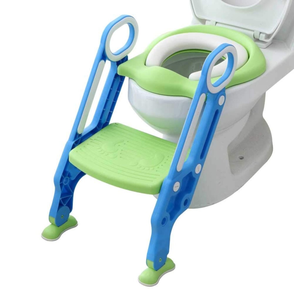 Potty Training Toilet Seat with Step Stool Ladder for Boys and Girls Baby Toddler Kid Children Toilet Training Seat Chair with Handles Padded Seat Non-Slip Wide Step (Blue Green)