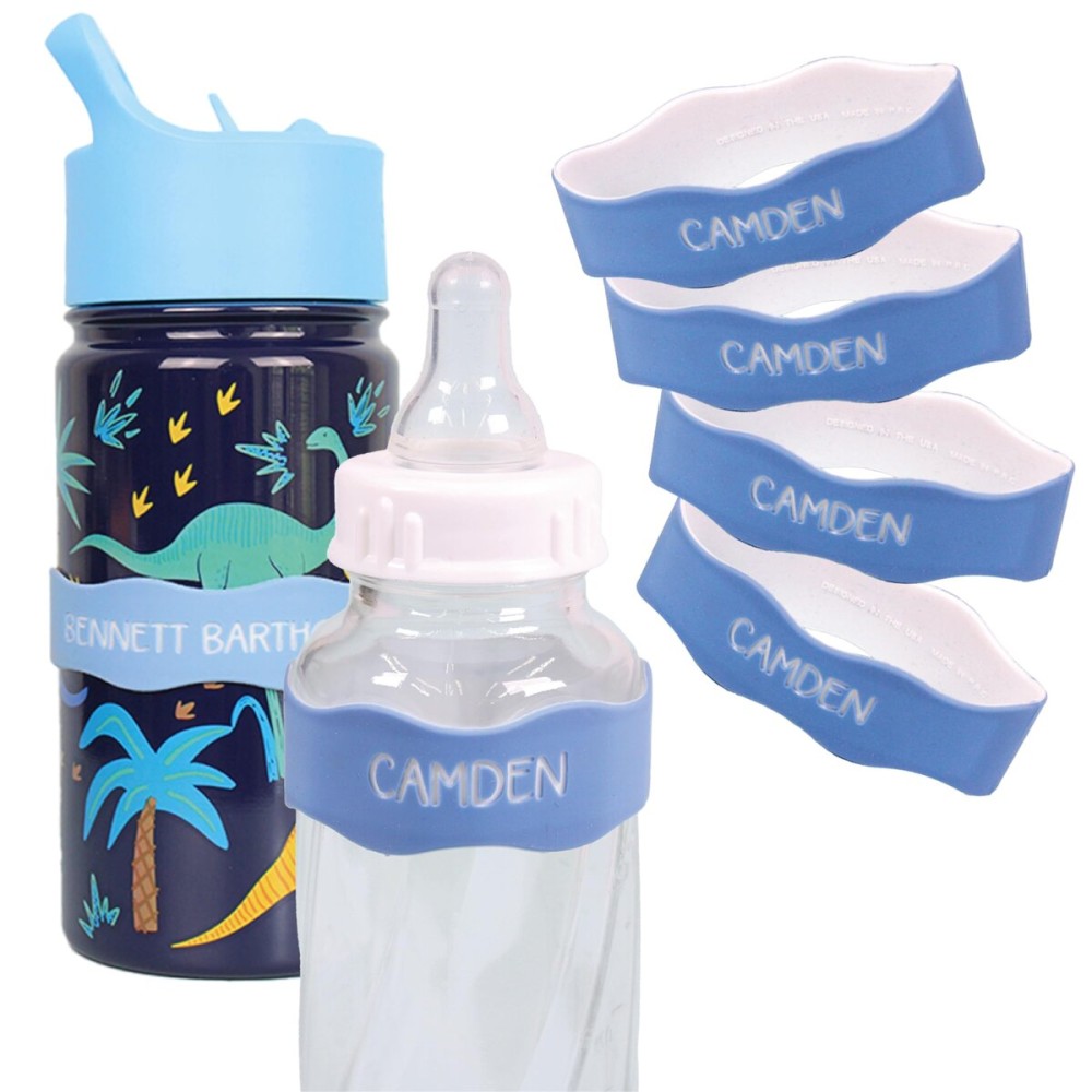 InchBug Orbit Labels Baby Bottle and Water Bottle Silicone Name Bands - Personalized Reusable Label Set for Daycare, Sippy Cups, Preschool, Elementary School, Dishwasher Safe, 4-Pack (Lullaby Blue)