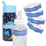 InchBug Orbit Labels Baby Bottle and Water Bottle Silicone Name Bands - Personalized Reusable Label Set for Daycare, Sippy Cups, Preschool, Elementary School, Dishwasher Safe, 4-Pack (Lullaby Blue)