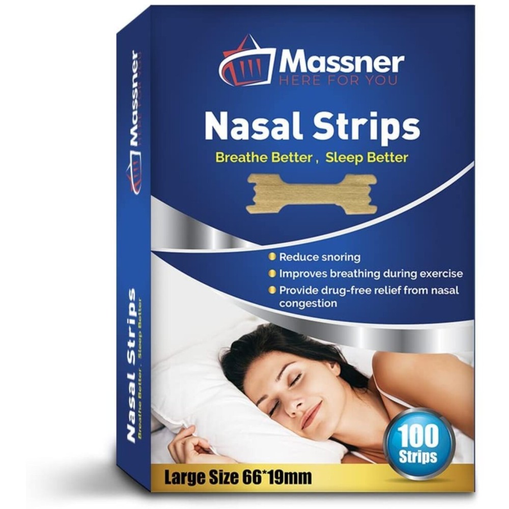 MASSNER Nasal Strips for Snoring & Breathing - Soft, Plastic-Free Nose Strips for Sleeping - Drug-Free, No Magnet Design for Comfortable Airflow (Large 100 Count)