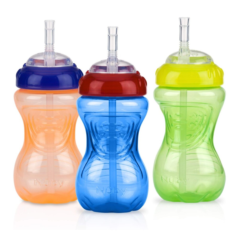 Nuby No-Spill Sippy Cup with Flex Straw - (3-Pack) 10-Ounce Bottles - Sippy Cups for Toddlers 12+ Months - Neutral Color Training Cups for Toddlers