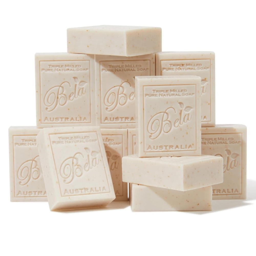 BELA Oatmeal Soap with Milk and Bran 3.3 OZ, Pack of 12, Long Lasting French Triple Milled Bar Soap with Organic Shea Butter, Hand, Face and Body Wash Bars, Made in Australia