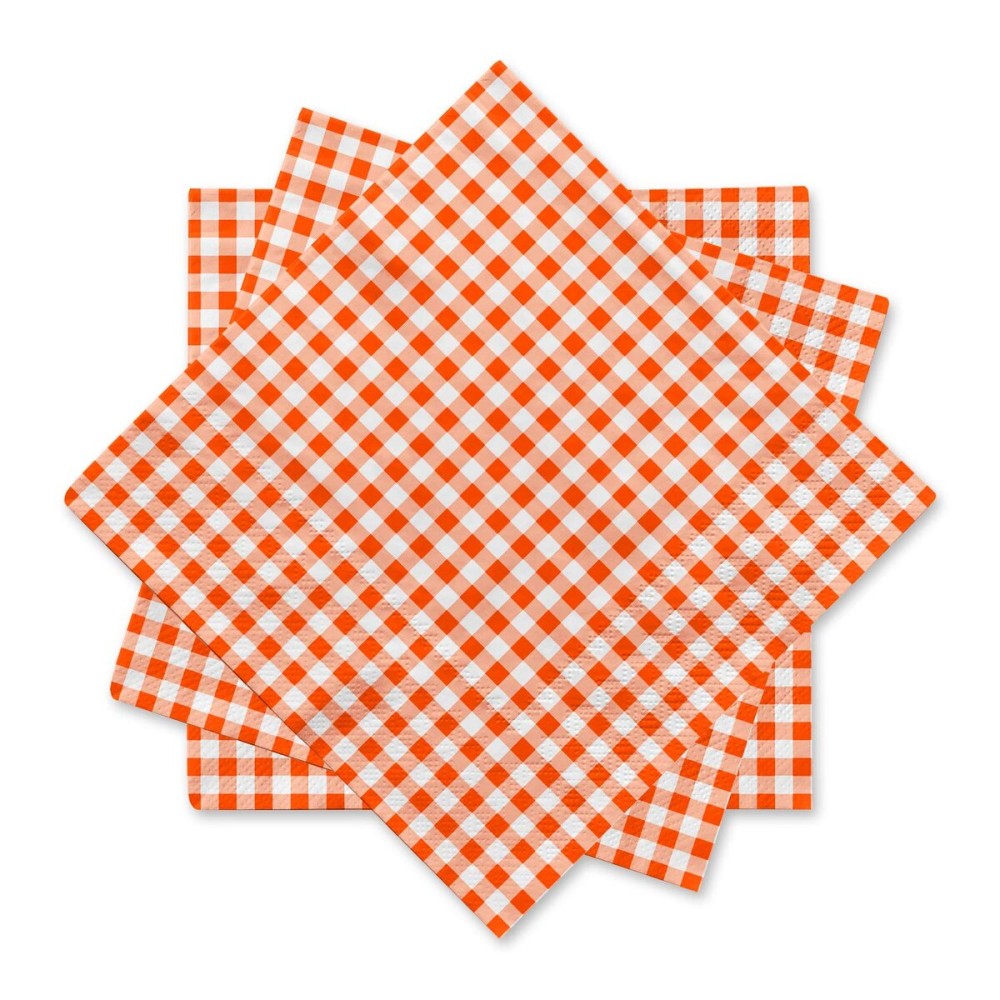 Gatherfun Disposable Paper Napkins 3-ply Orange and White Gingham Beverage Napkins for Dinner, Picnic, Birthday Party6.5X6.5 in, 50-Pack)