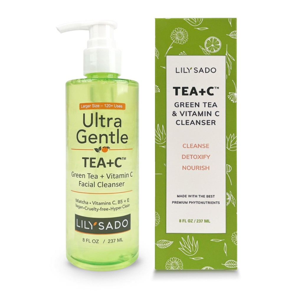 LILY SADO TEA+C Green Tea & Vitamin C Face Cleanser - Natural Vegan Antioxidant Daily Face Wash with Aloe, Rosehip, Meadowfoam - Gentle Deep Cleansing for Acne, Blackheads, Blemishes. 8 oz