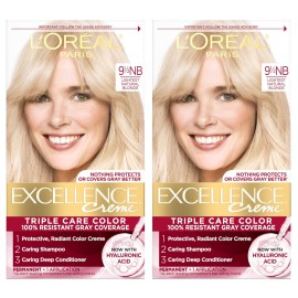 L\'Oreal Paris Excellence Crme Permanent Hair Dye, Triple Care Hair Color with Pro-Keratine Complex for 100% Gray Hair Coverage, 9.5NB Lightest Natural Blonde, 1 Kit (Pack of 2)