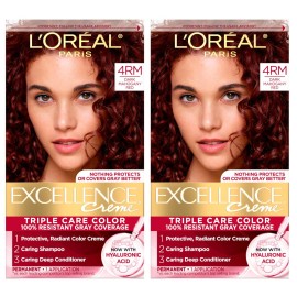 L\'Oreal Paris Excellence Crme Permanent Hair Dye, Triple Care Hair Color with Pro-Keratine Complex for 100% Gray Hair Coverage, 4RM Dark Mahogany Red, 1 Kit (Pack of 2)