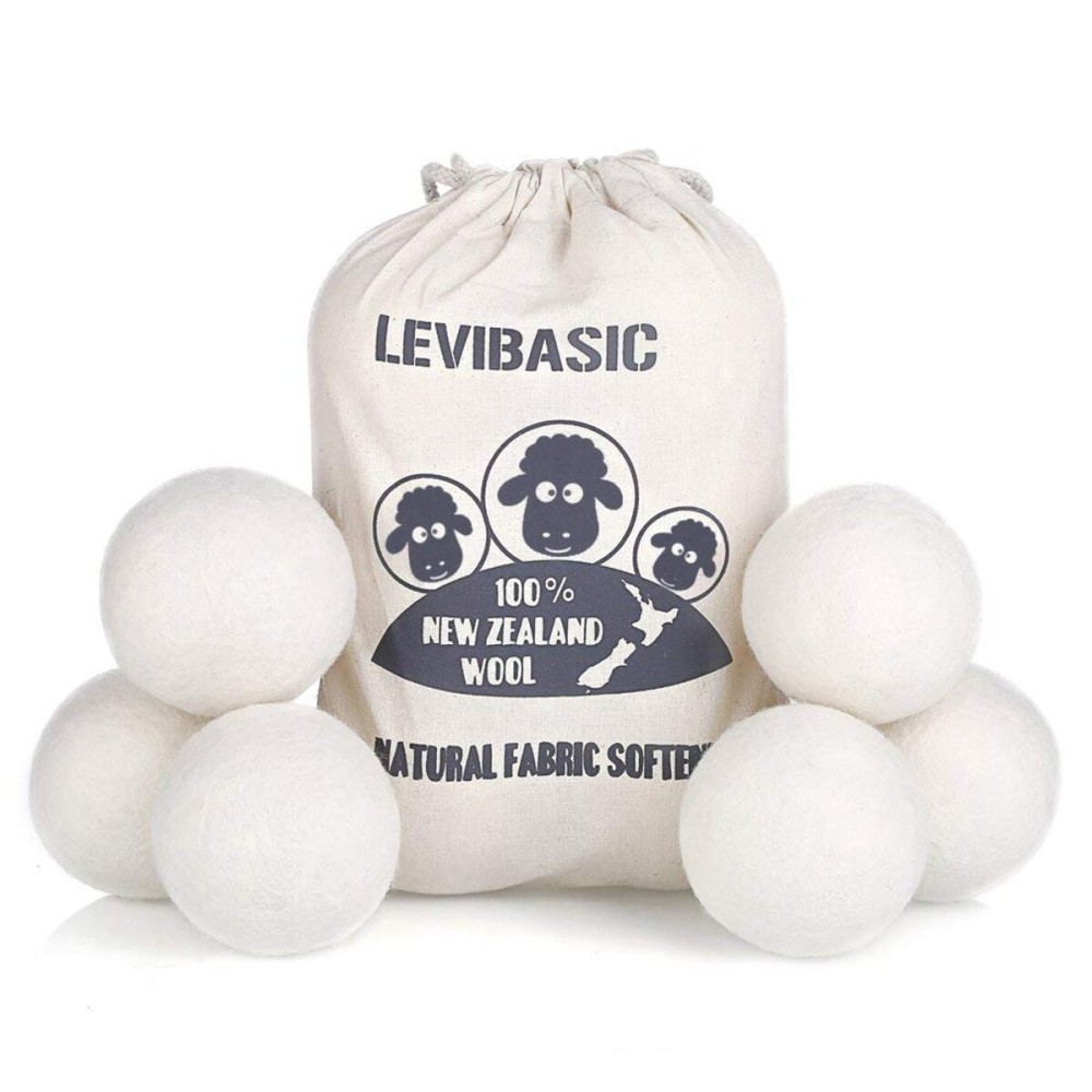 LEVIBASIC Wool Dryer Balls 6 Pack XL, 3 Genuine New Zealand Wool to Core, 100% Organic Fabric Softener Alternative, Baby Safe & Chemical Free, Reduce Wrinkles & Shorten Drying Time (White-6pcs)