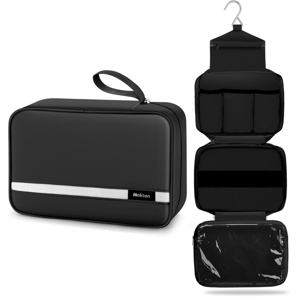 Maliton Toiletry Bag for Men & Women Travel Toiletry Bag Hanging Toiletry Bag Hygiene Organizer with 4 Compartments Waterproof Bathroom Shower Bag Large Toiletries Travel Bag(Black)