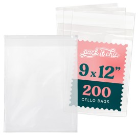 Pack It Chic - 9 X 12 Self Sealing Cellophane Bags (200 Pack) - Resealable Adhesive Clear Bags for Gifts, 9X12 Photos, Prints, Envelopes, Letter Sized Documents