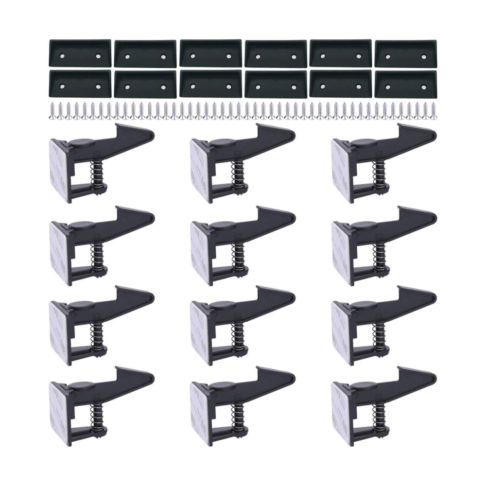 Cabinet Locks Child Safety Latches - OKEFAN 12 Pack Baby Proofing Cabinets Drawer Lock Adhesive Latch for Kids Proof Drawers No Drilling Tools Needed (Black)