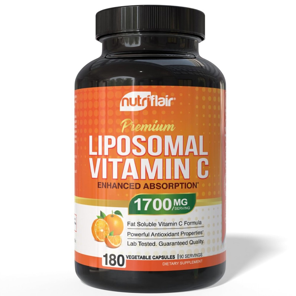 NutriFlair Liposomal Vitamin C 1700mg, 180 Capsules - High Absorption, Fat Soluble VIT C, Higher Bioavailability Immune System Support & Collagen Booster, Non-GMO, Vegan Pills