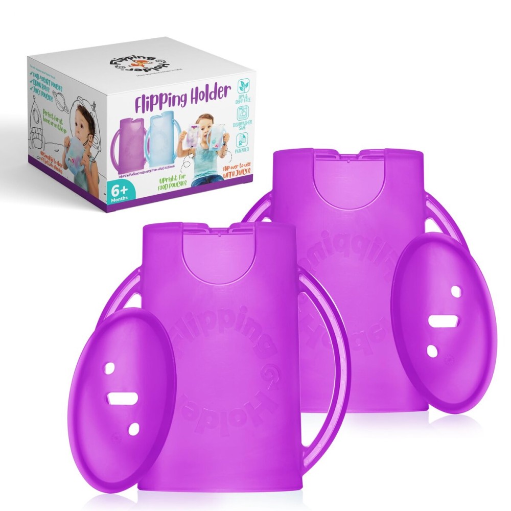 Flipping Holder Squeeze Proof Food Pouch Holder for Toddlers, Babies, Kids, Mess Free No Squeeze Juice Box Drink and Applesauce Snack Holder with Easy Grip Handles and Lid